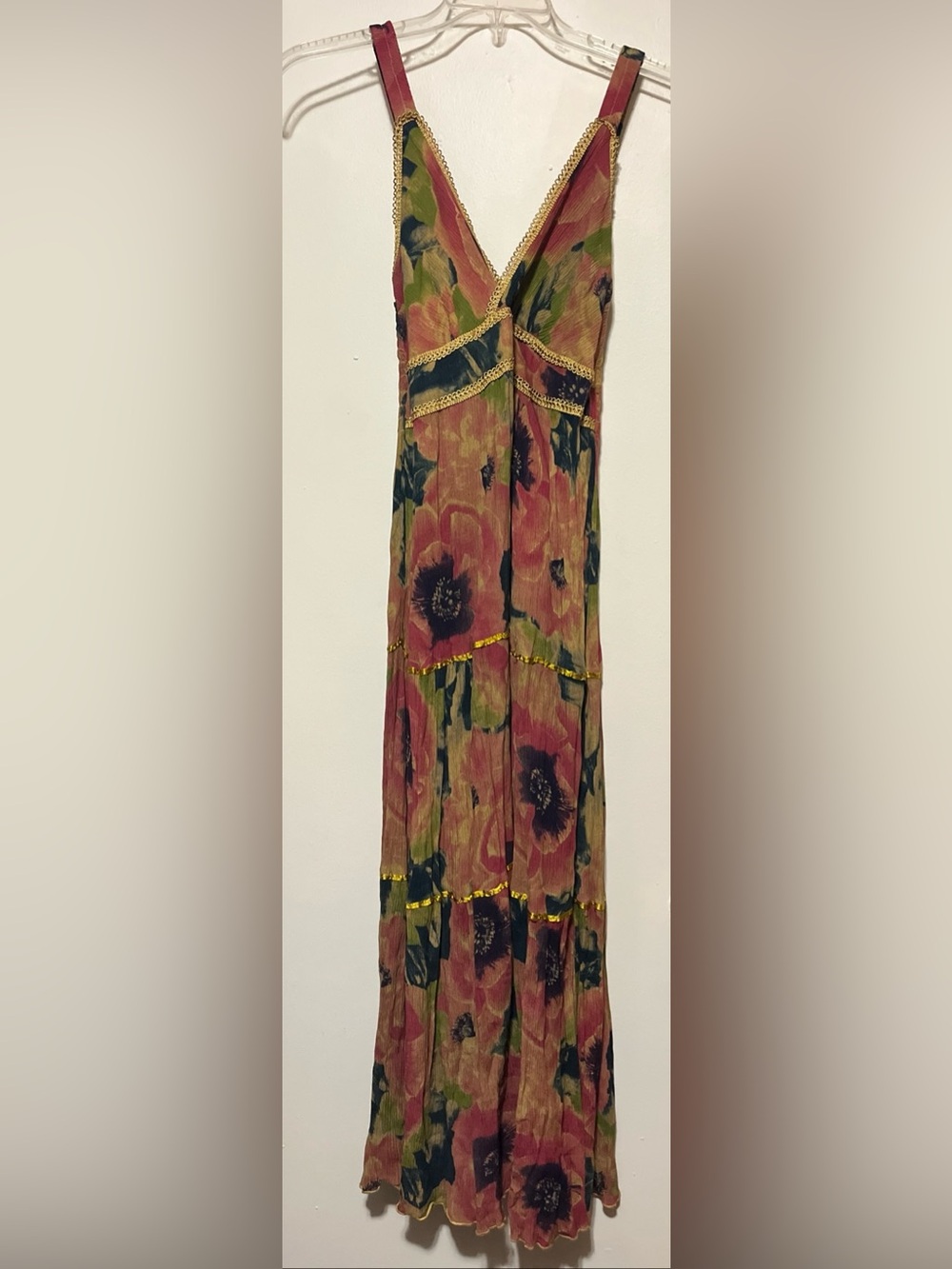 Sleeveless Floral Maxi Dress in Rose and Olive with Gold Trim